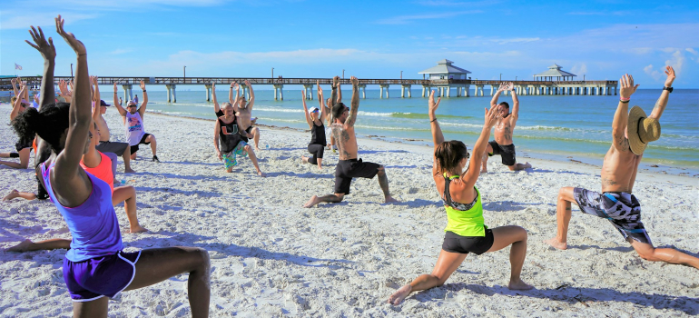 Group working out on a beach