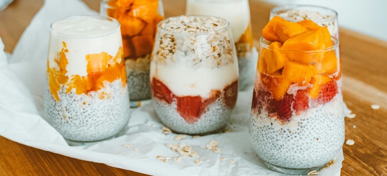 Overnight oats in a glass, prepared a day ahead.